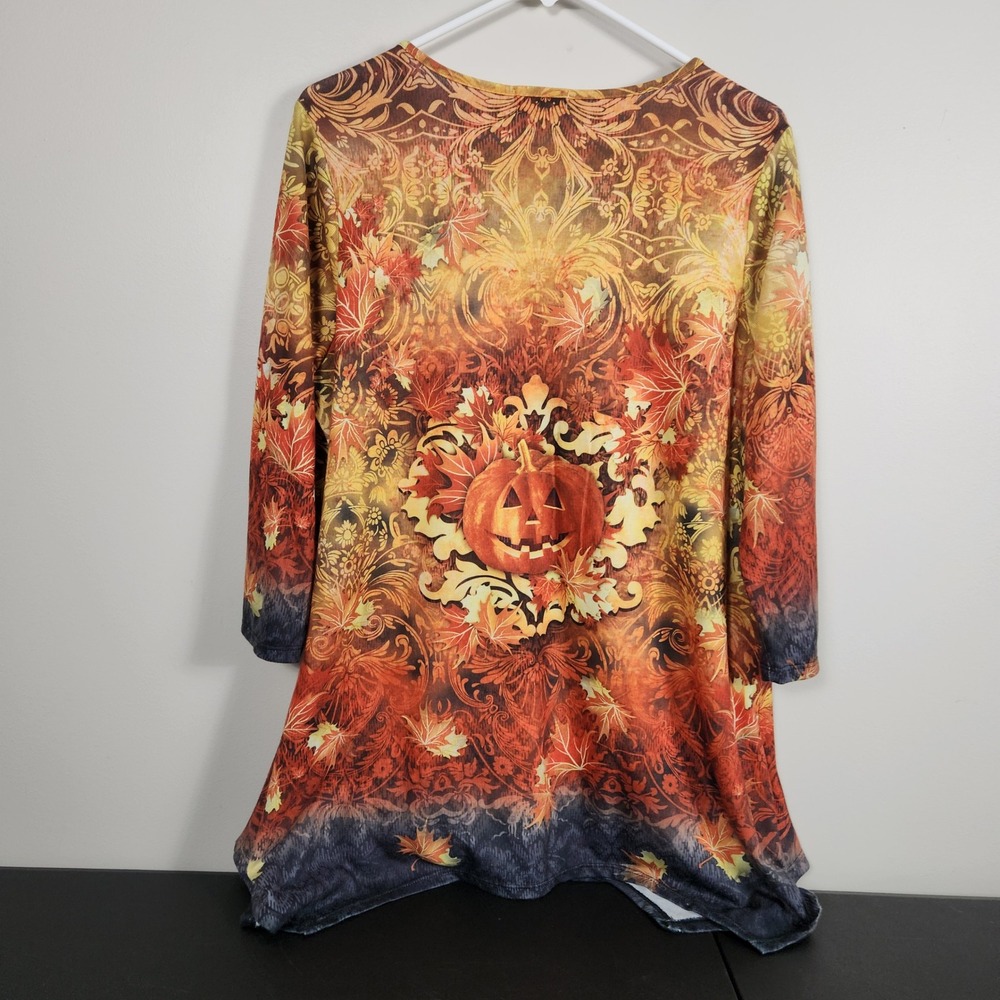 One World Live and Let Live Pumpkin Fall Tunic Top V-Neck 3/4 Sleeve Orange 1X - Picture 2 of 9